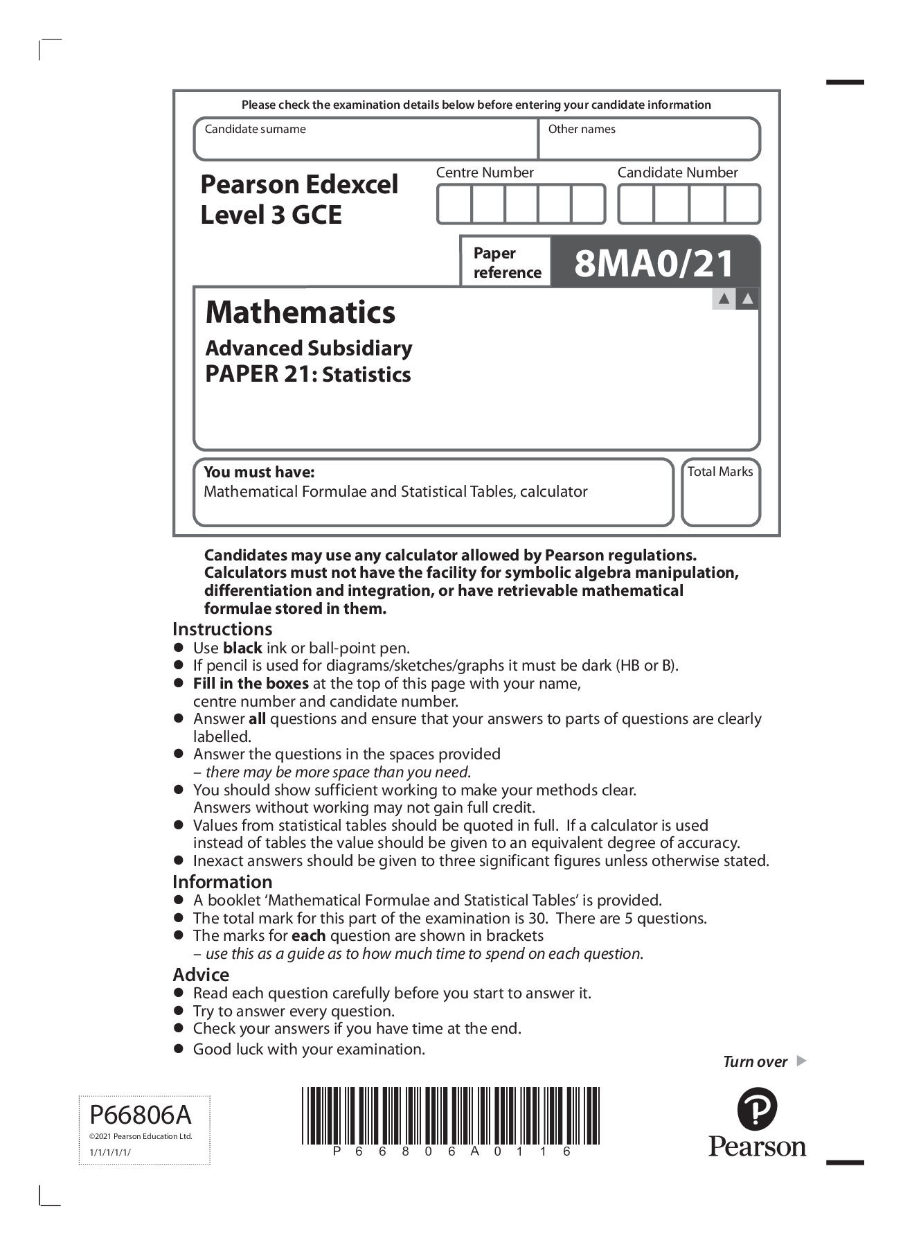 Preview image for Pearson Edexcel GCE Question Booklet + Mark Scheme (Results) November 2021 Mathematics Advanced Subsidiary Level in Mathematics Statistics Paper 21 8MA0/21